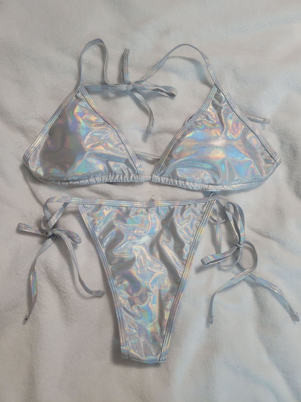 Jeweled Holographic Iridescent Triangle Bikini Set - Silver Sheen Size L NWOT